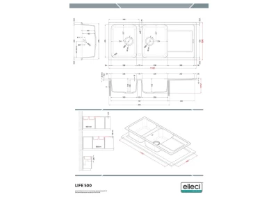 ELLECI- Mosogatótálca Life 500 116x50 Granitek 2m.+cseppt. Alumínium M79   