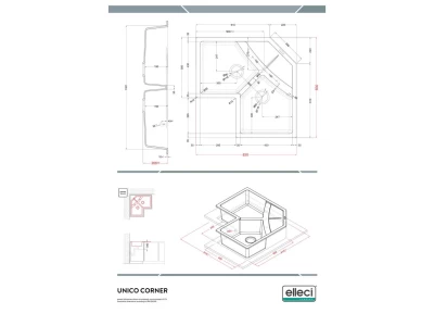 ELLECI- Mosogatótálca Unico corner sarok 83x83 Granitek Espresso G78 AM
