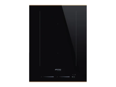 SMEG DOMINO INDUKCIÓS FŐZŐLAP, Dolce Stil Novo design, 38 cm, 2 főzőzóna, 1 MultiZone híd zóna, fekete üveg, réz dísz